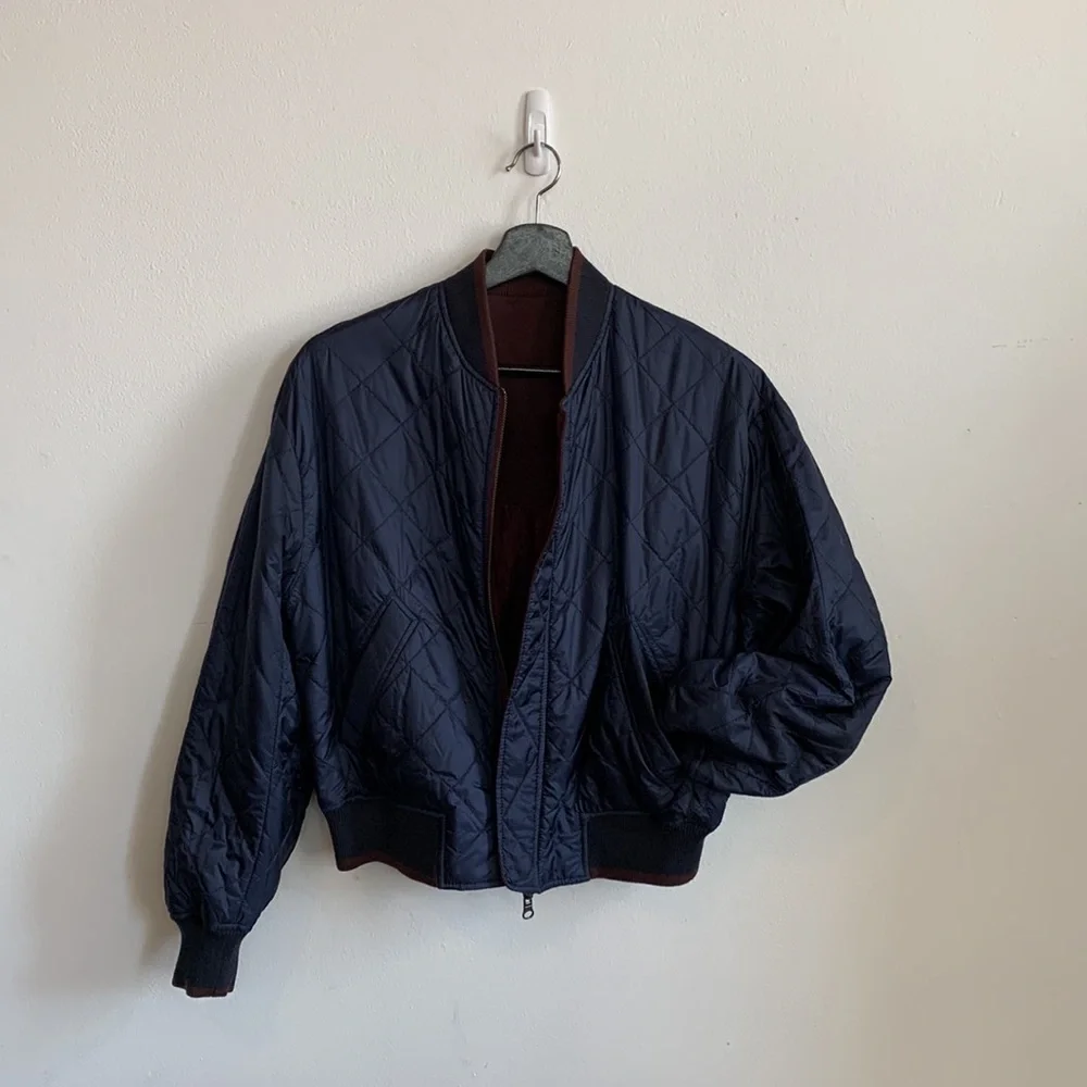 NWOT Vince REVERSIBLE 5-pkt Flight Jacket Navy Quilted and Merlot Patchwork - Picture 5 of 12